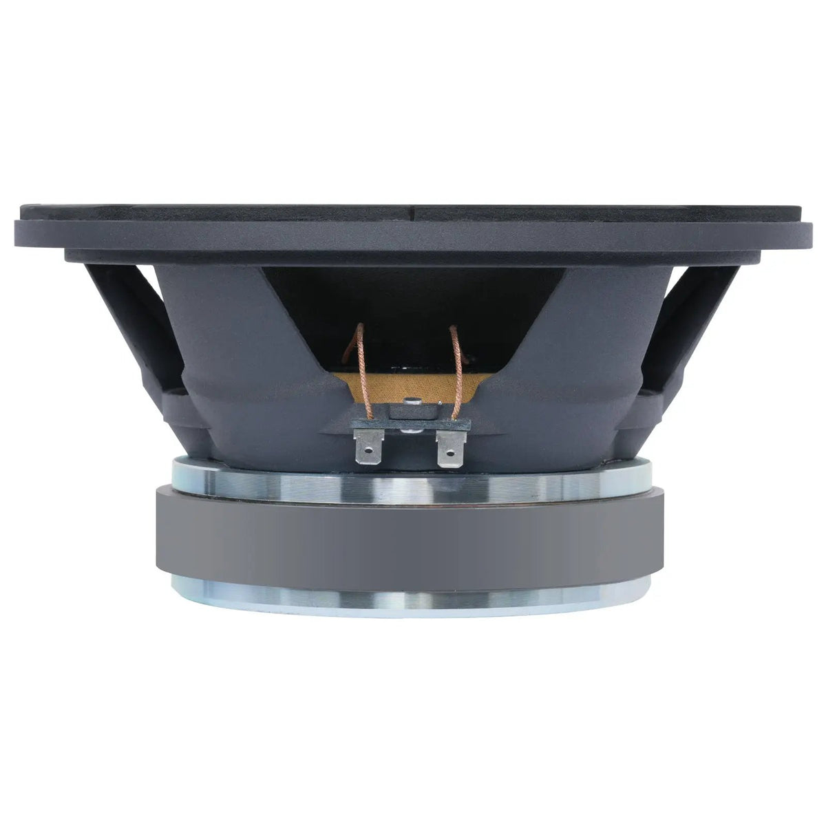 Side profile of midrange speaker showing its open basket, magnet and terminals