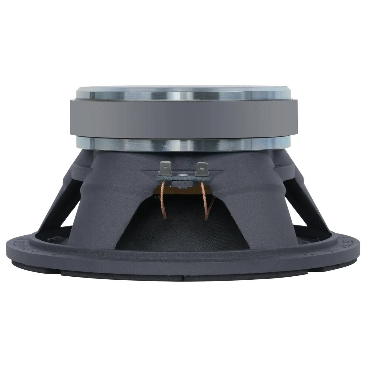 Inverted side view of midrange speaker with magnet, basket and terminal leads