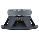 Inverted side view of midrange speaker with magnet, basket and terminal leads