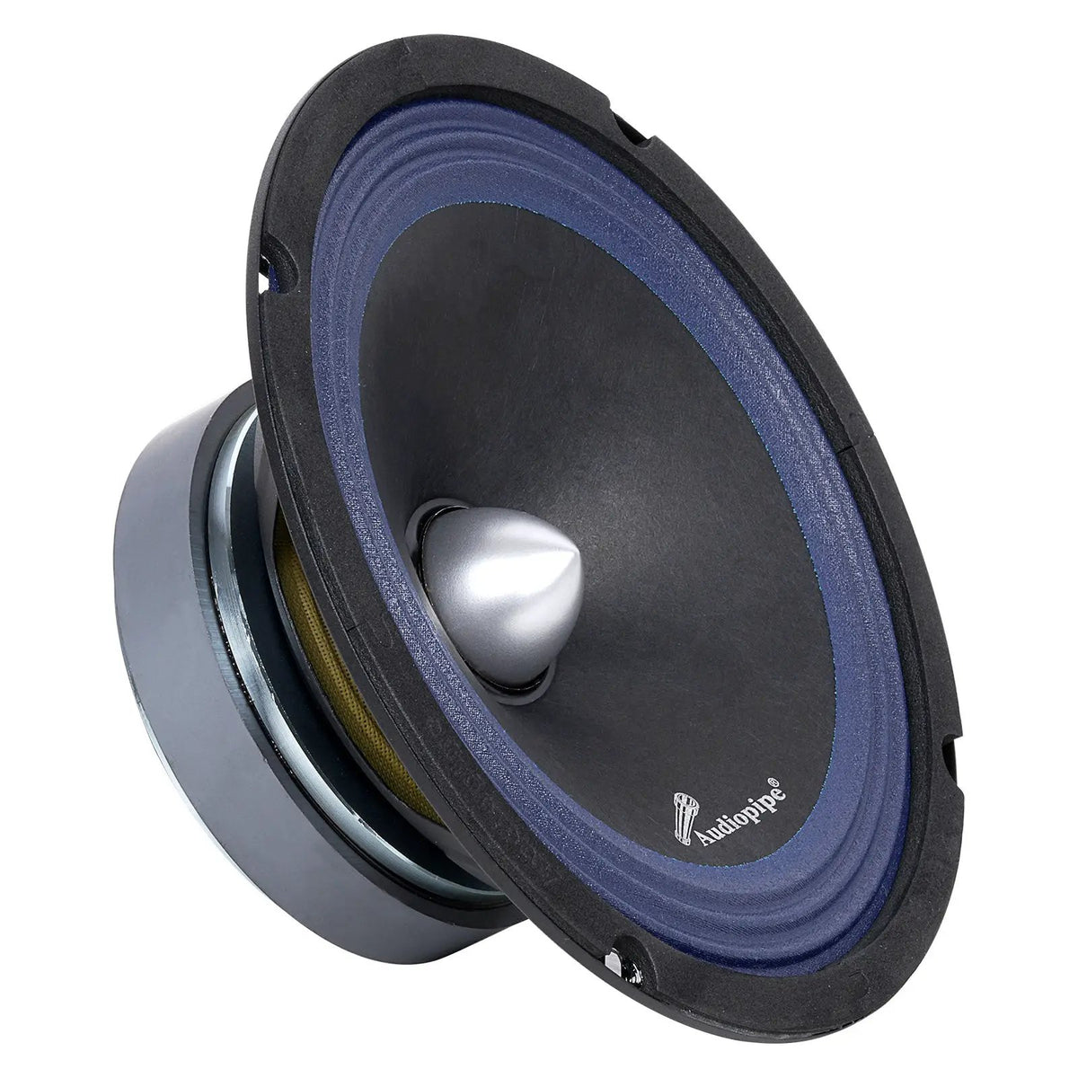 Angled Audiopipe speaker with a silver bullet center and blue ribbed surround