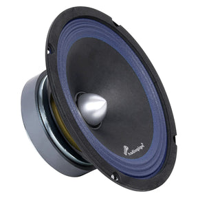 Angled Audiopipe speaker with a silver bullet center and blue ribbed surround
