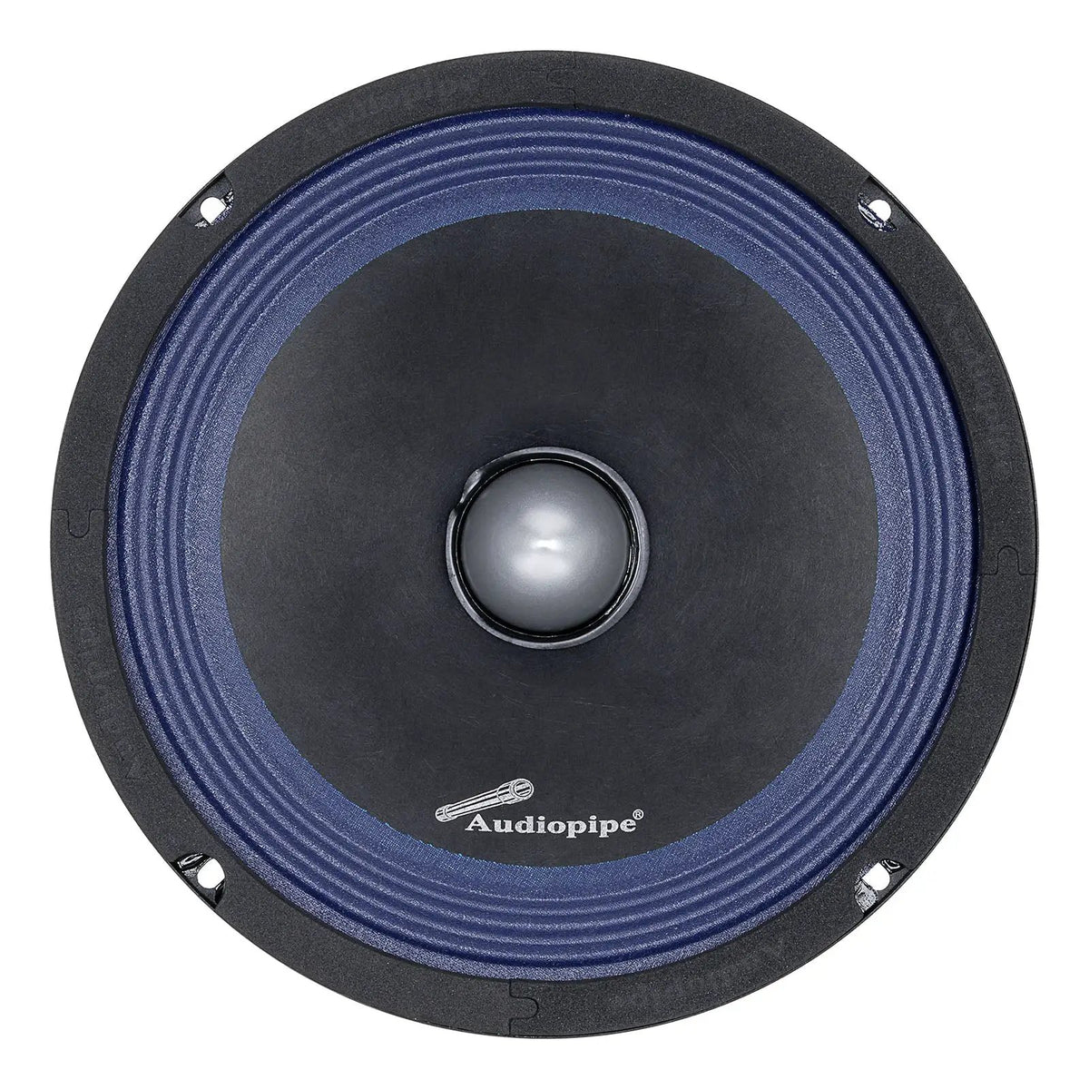 Front of an Audiopipe speaker with a blue pleated surround and silver center dome