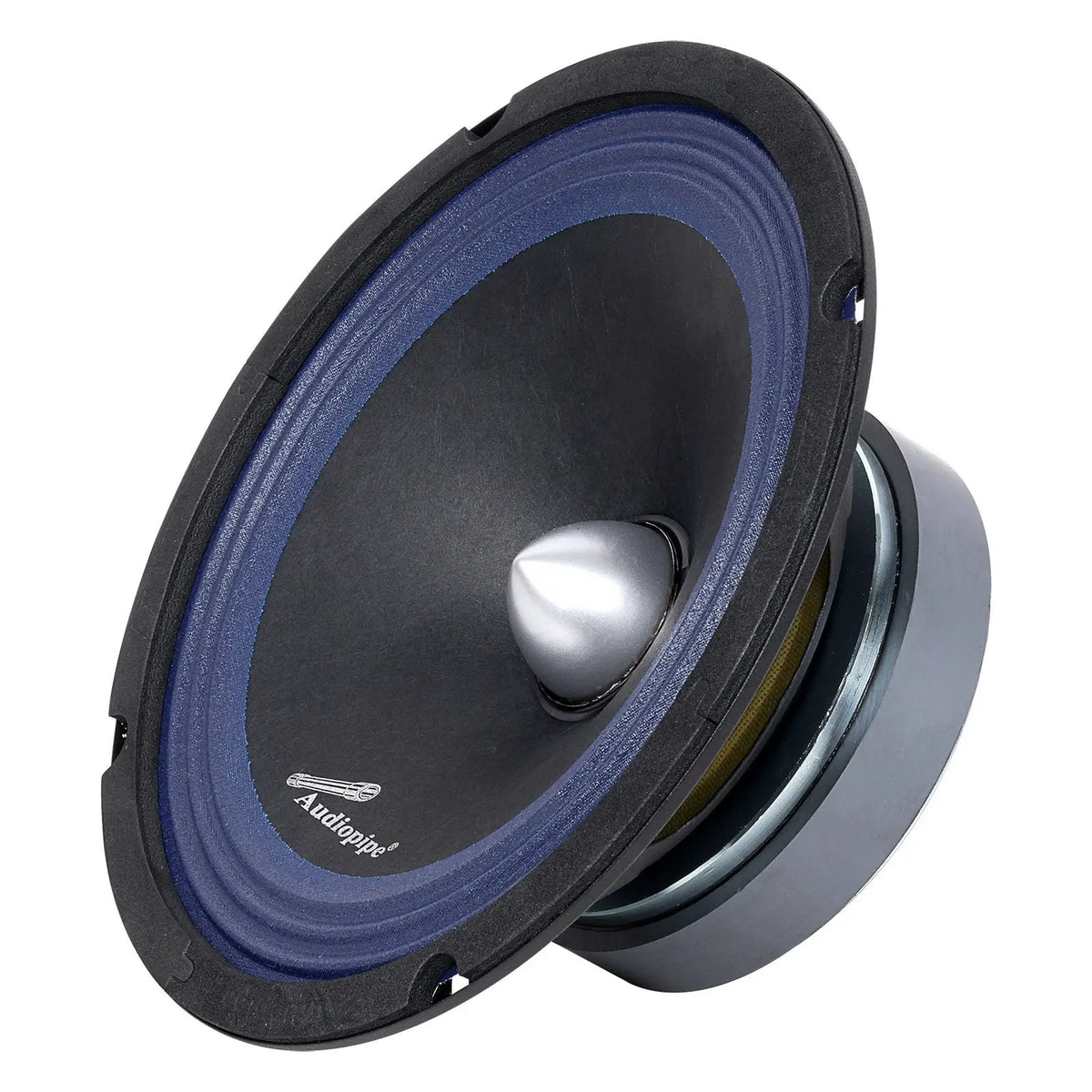 Steeply angled Audiopipe speaker with a blue ribbed surround and silver bullet center