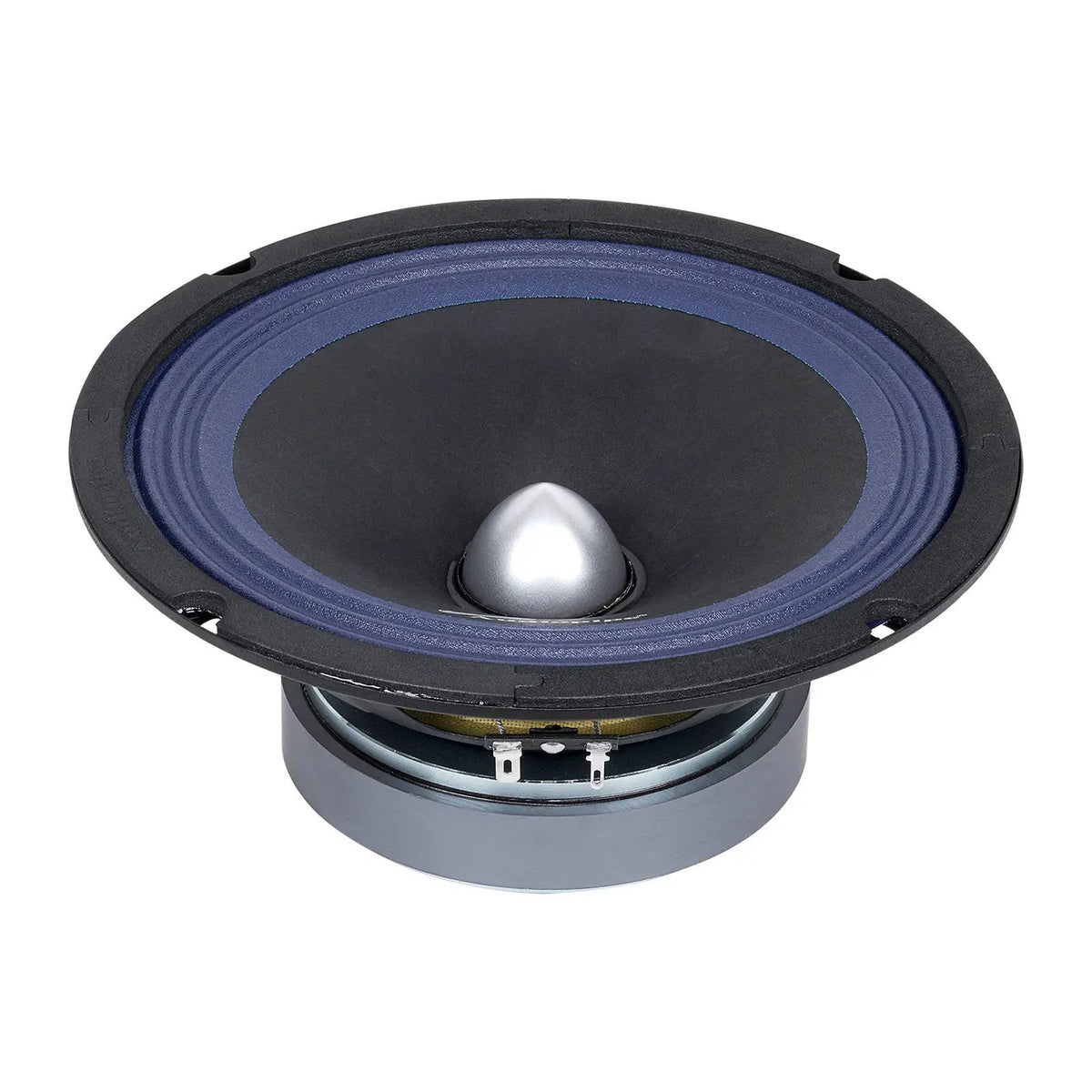 Low angled view of an Audiopipe speaker with a blue surround, silver bullet center and exposed terminals