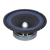 Low angled view of an Audiopipe speaker with a blue surround, silver bullet center and exposed terminals