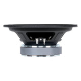 Side view of a black speaker basket with rectangular openings, silver magnet and two terminals