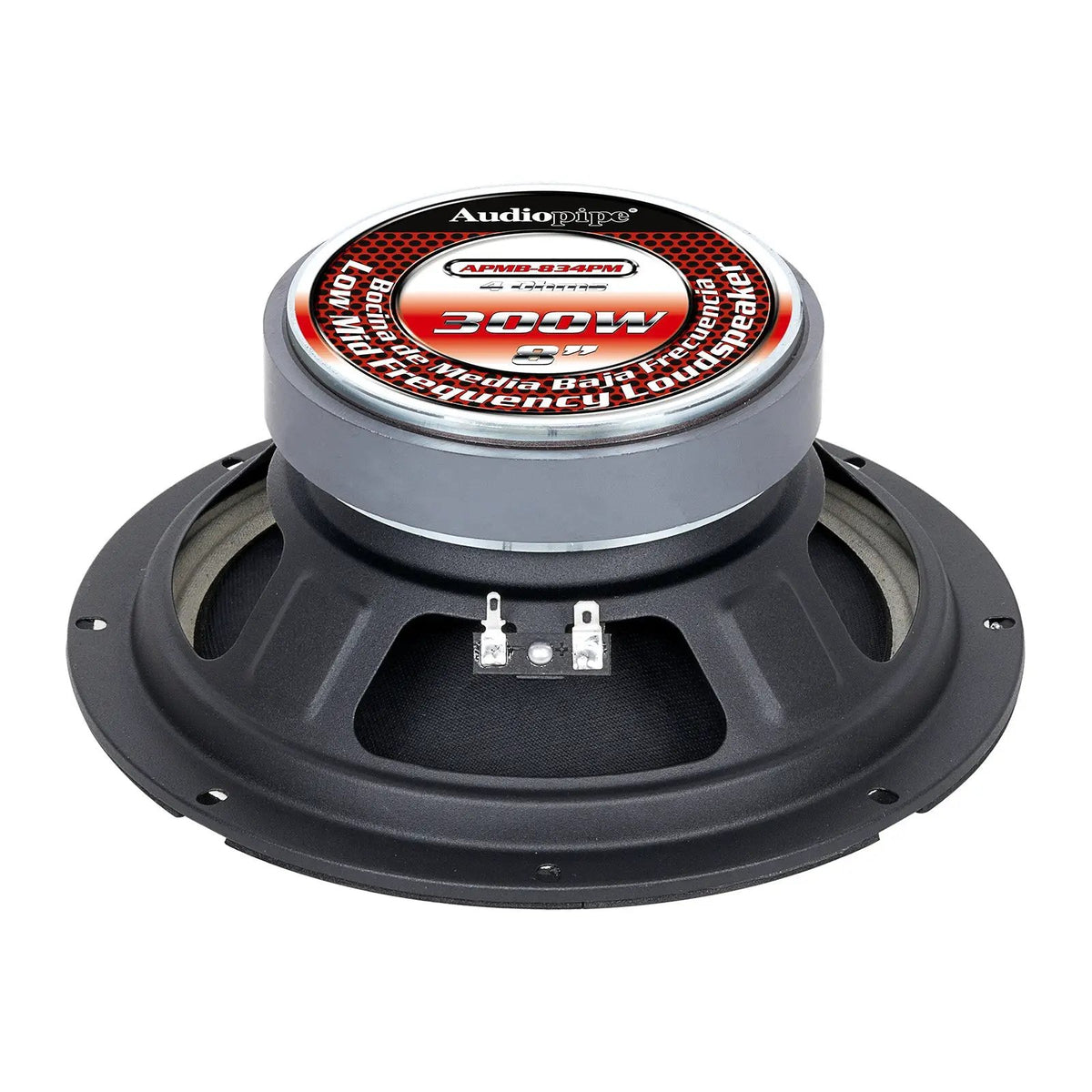 Rear of Audiopipe APMB-834PM speaker with red-and-white magnet label and terminals