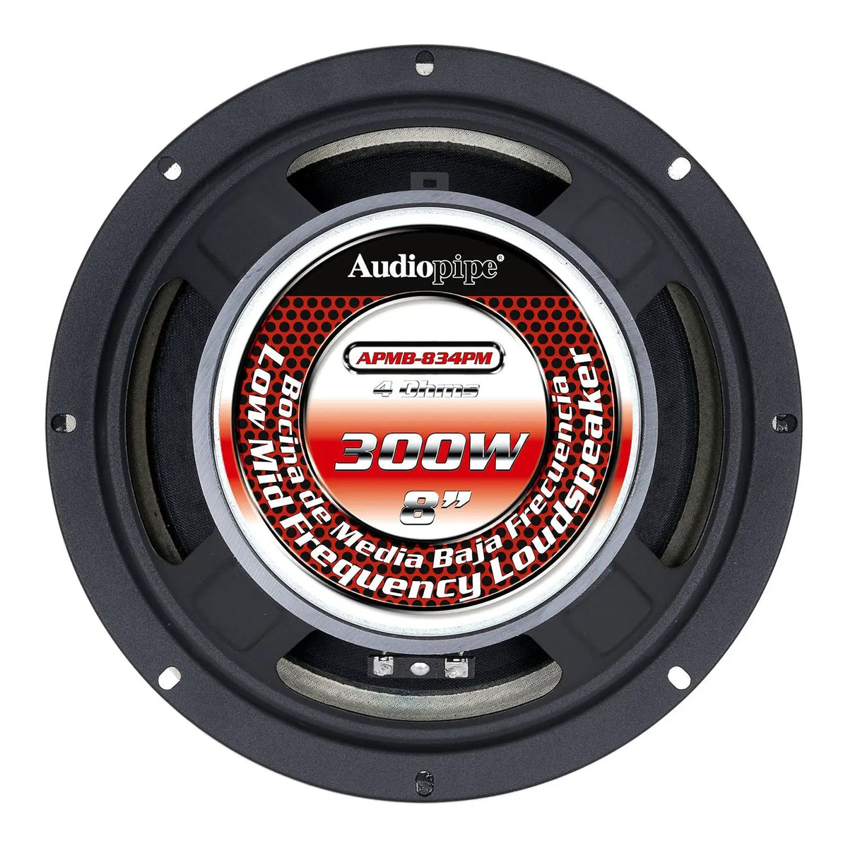Audiopipe loudspeaker rear view with its red magnet label showing 8-inch size and 300W