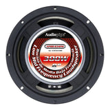 Audiopipe loudspeaker rear view with its red magnet label showing 8-inch size and 300W