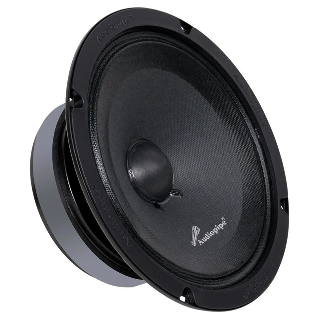 Single black Audiopipe loudspeaker, angled view