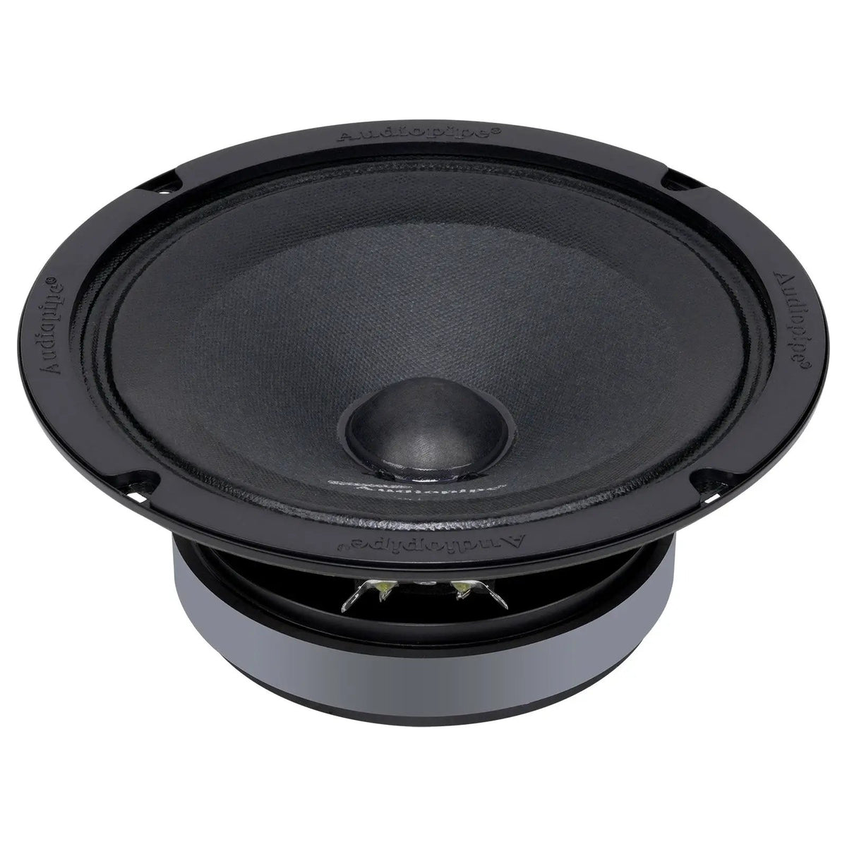Angled front view of a black Audiopipe speaker with a domed dust cap and round mounting flange