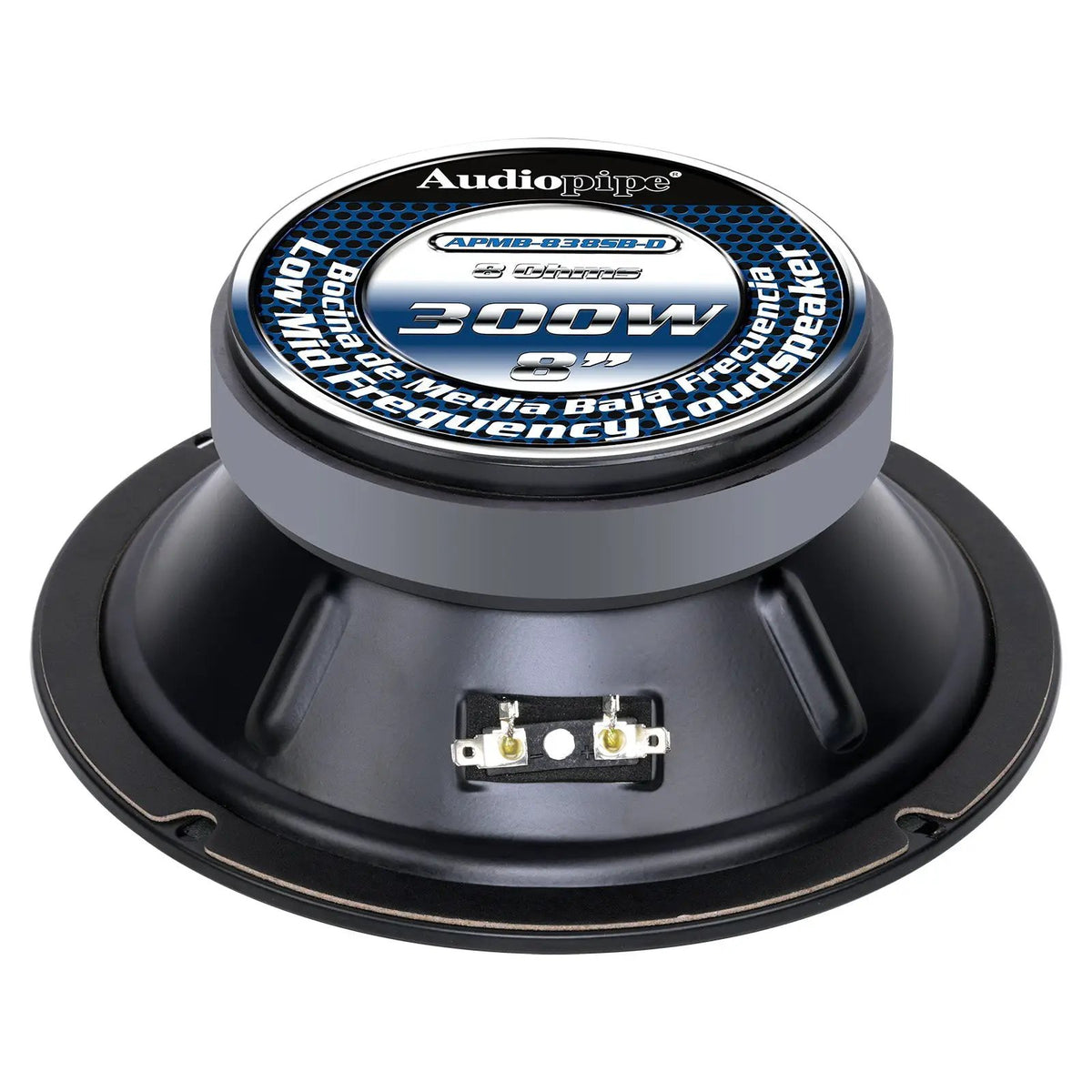 Rear angled view of an Audiopipe APMB-838SB-D speaker with an 8-ohm, 300W label and two terminals