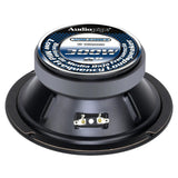 Rear angled view of an Audiopipe APMB-838SB-D speaker with an 8-ohm, 300W label and two terminals