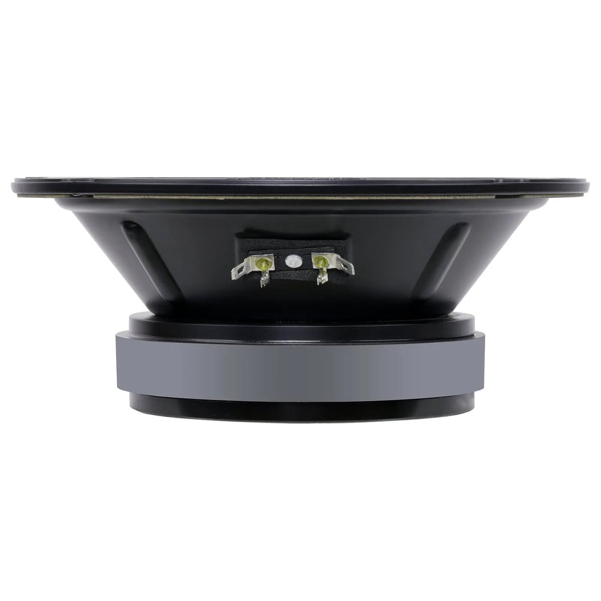 Side view of a black speaker showing its shallow basket, two terminals and gray magnet