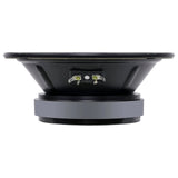 Side view of a black speaker showing its shallow basket, two terminals and gray magnet