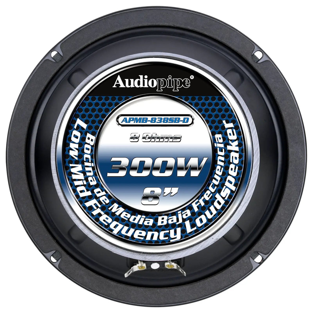 Rear view of an Audiopipe speaker with an APMB-838SB-D label marked 8 inches, 8 ohms and 300W