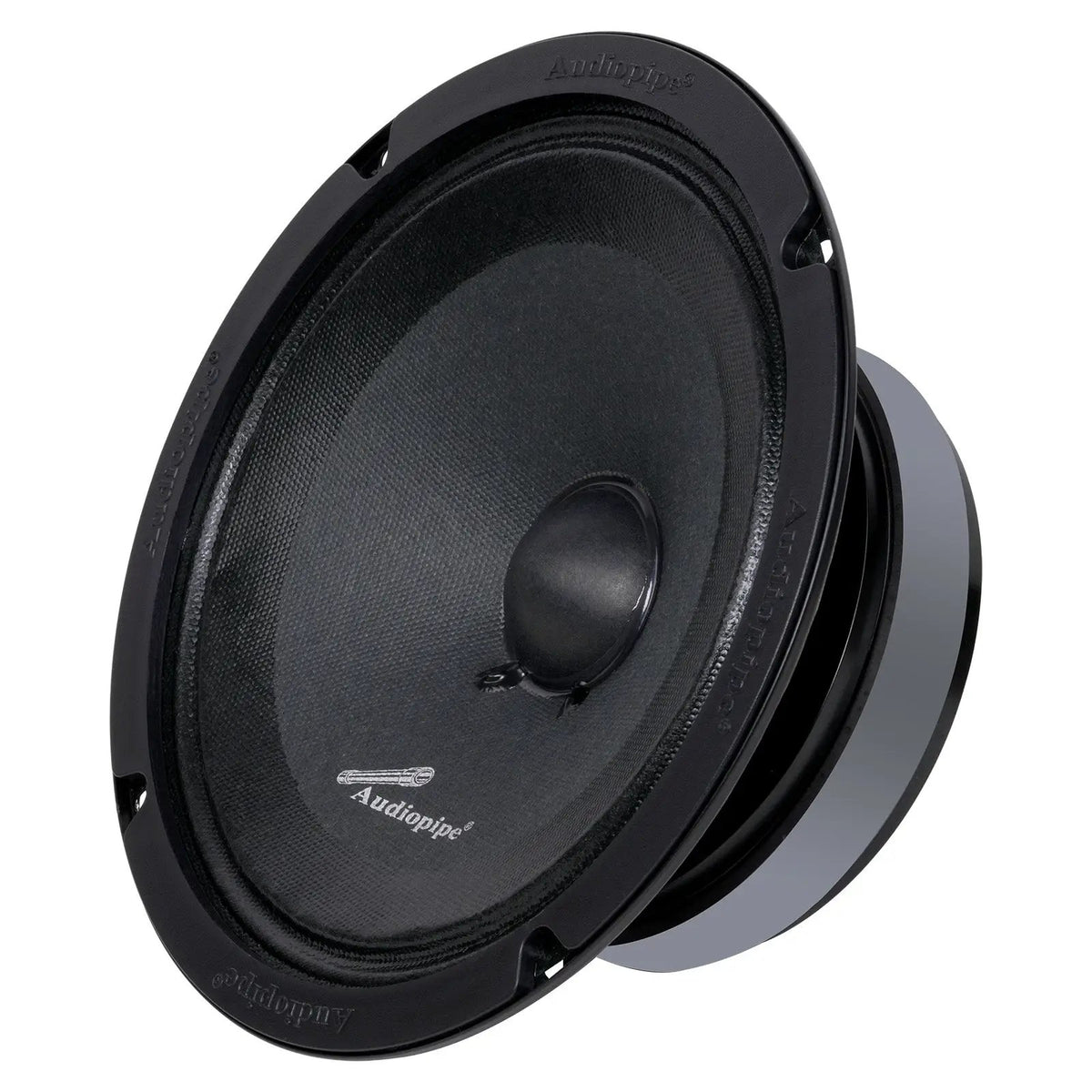 Angled front view of a black Audiopipe speaker with a domed dust cap and its magnet visible behind the basket