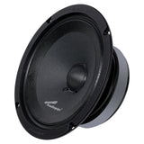 Angled front view of a black Audiopipe speaker with a domed dust cap and its magnet visible behind the basket