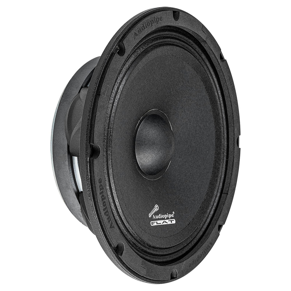 Upright angled Audiopipe Flat speaker with a black cone and shallow basket