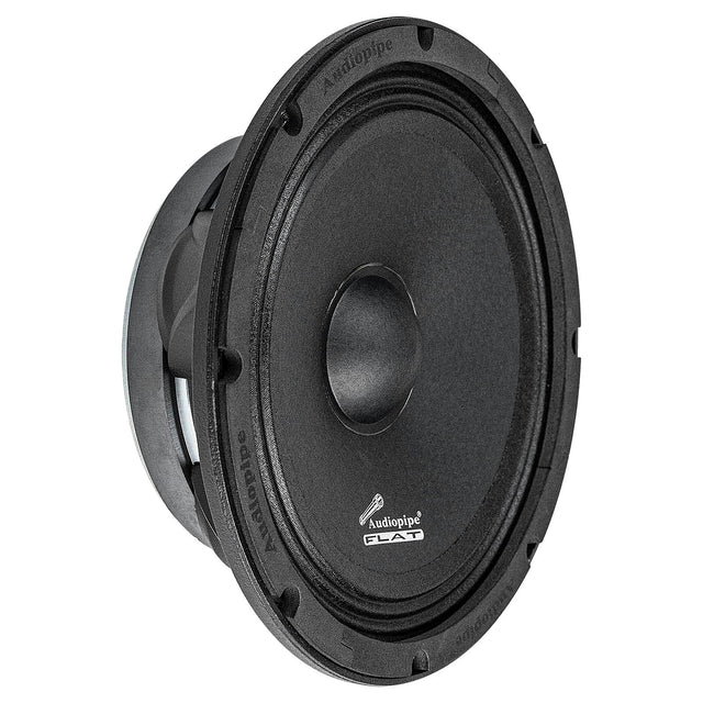 Upright angled Audiopipe Flat speaker with a black cone and shallow basket