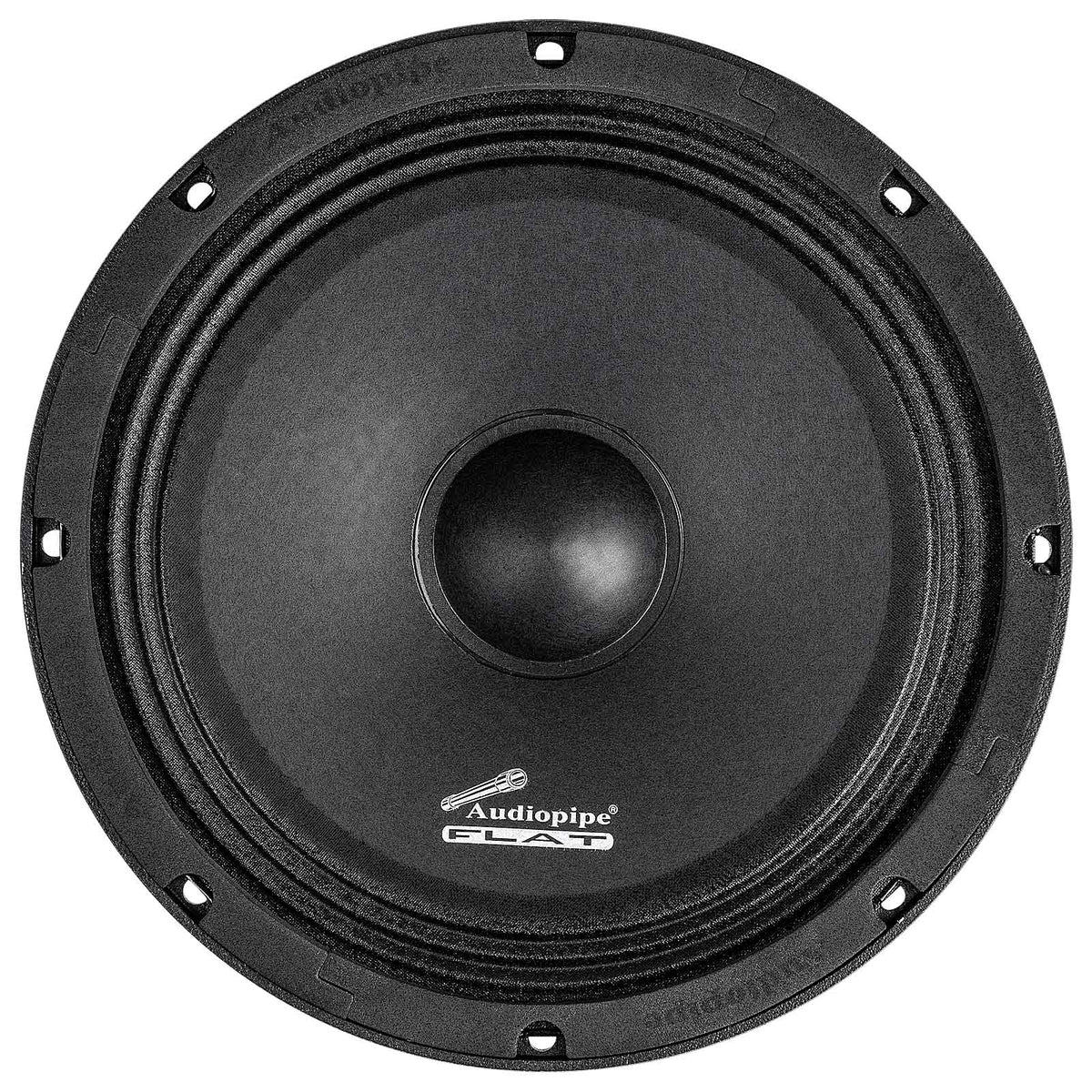 Front view of a black Audiopipe speaker with a textured cone and round dust cap