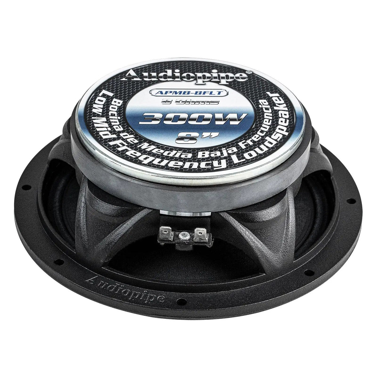 Rear angled view of an Audiopipe APMB-8FLT speaker showing its labeled magnet, basket and terminals