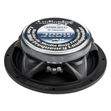 Rear angled view of an Audiopipe APMB-8FLT speaker showing its labeled magnet, basket and terminals