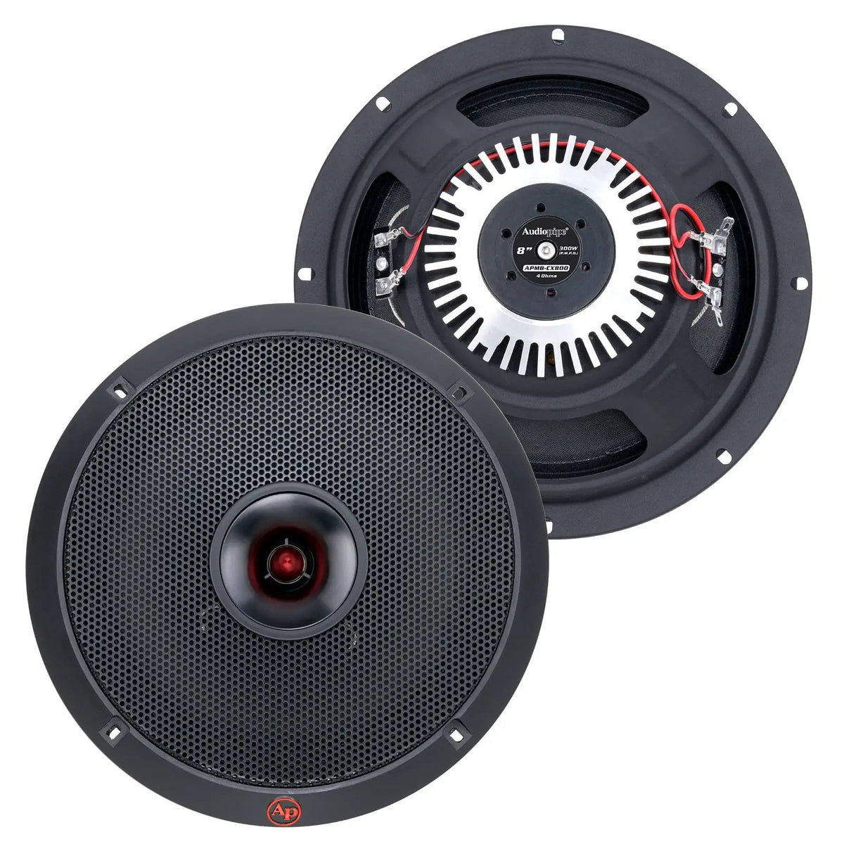 Front and rear views of Audiopipe speakers showing a perforated grille, central horn and exposed rear wiring