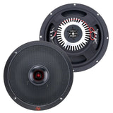 Front and rear views of Audiopipe speakers showing a perforated grille, central horn and exposed rear wiring