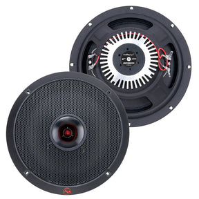 Front and rear views of Audiopipe speakers showing a perforated grille, central horn and exposed rear wiring