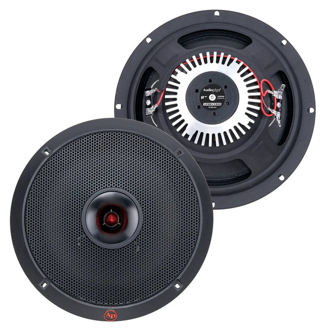 Front and rear views of Audiopipe speakers showing a perforated grille, central horn and exposed rear wiring