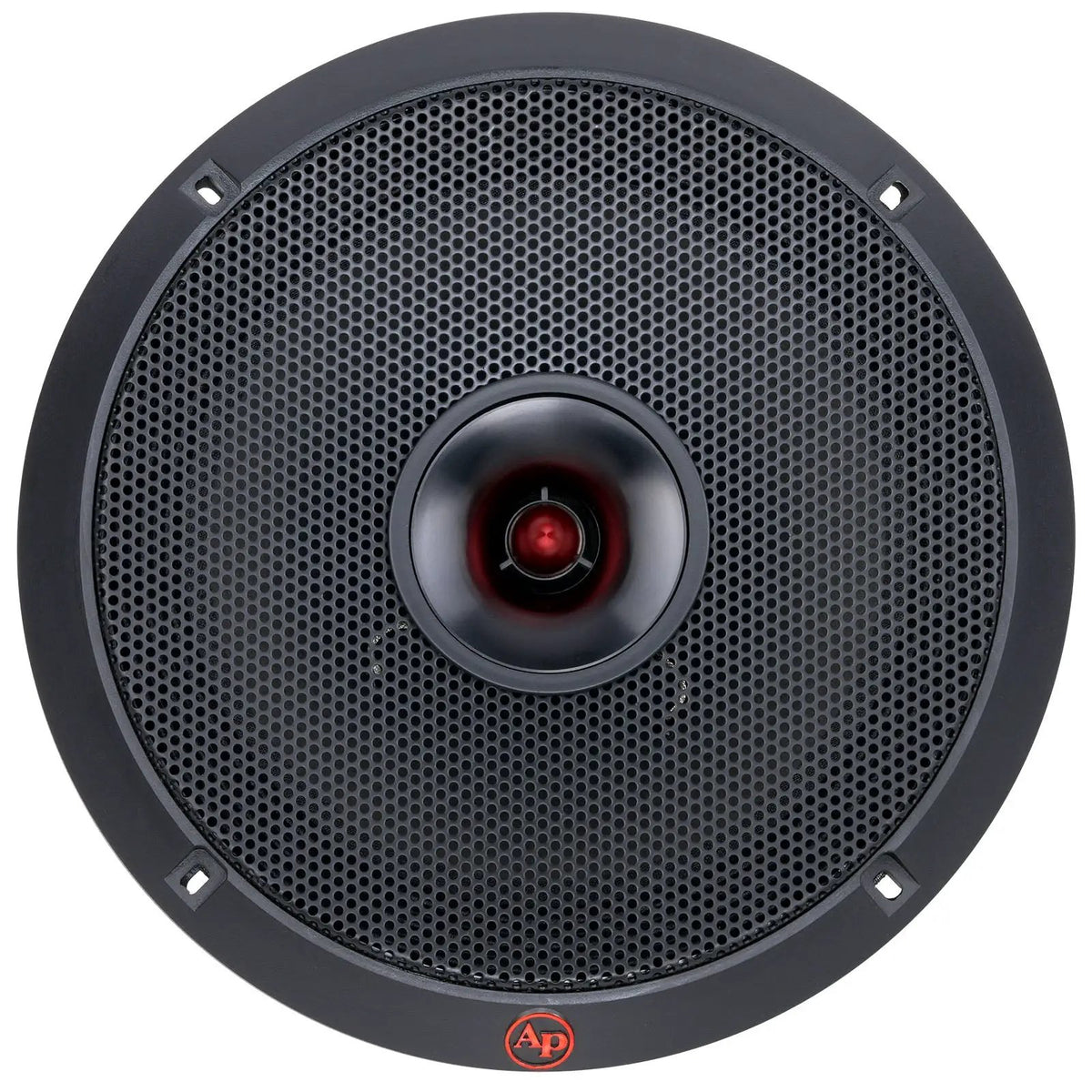 Audiopipe loudspeaker front view with a black mesh grille and red bullet-shaped center