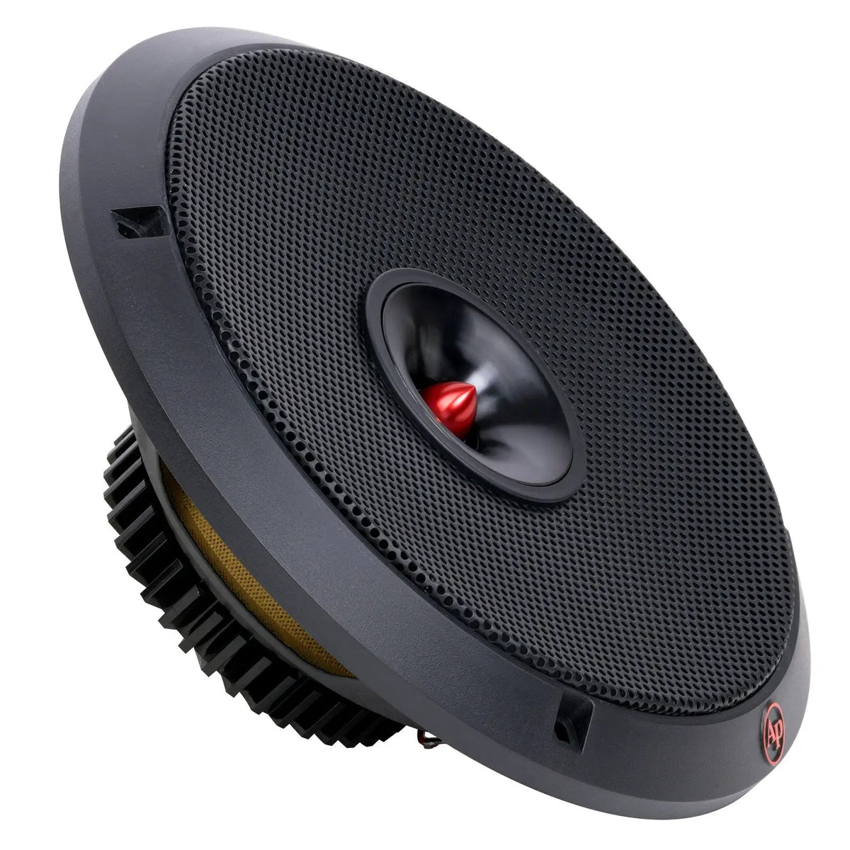 Audiopipe loudspeaker angled front view showing its black mesh grille, red center and basket