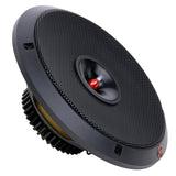 Audiopipe loudspeaker angled front view showing its black mesh grille, red center and basket