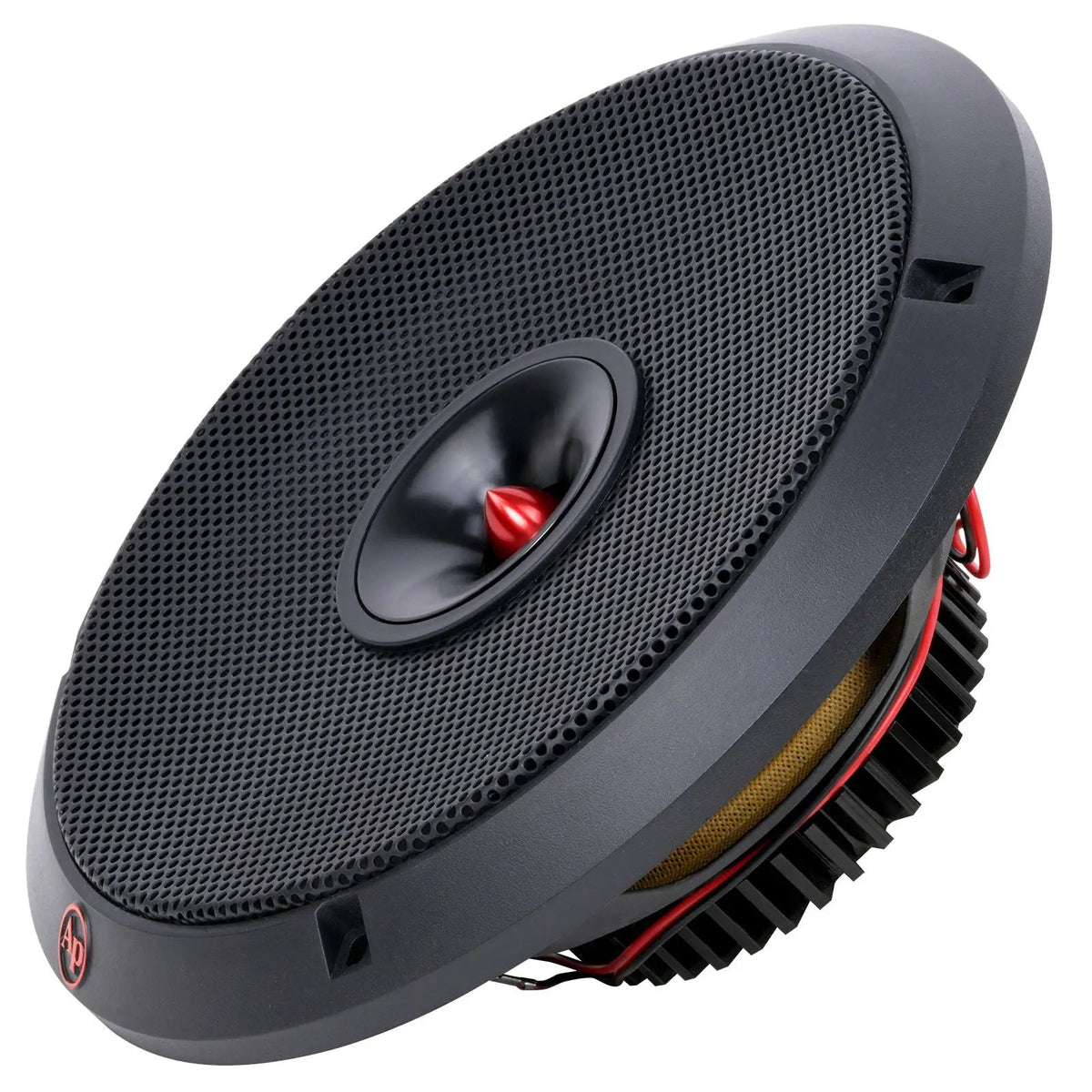Audiopipe loudspeaker opposite-angle view showing its black mesh grille and red bullet-shaped center