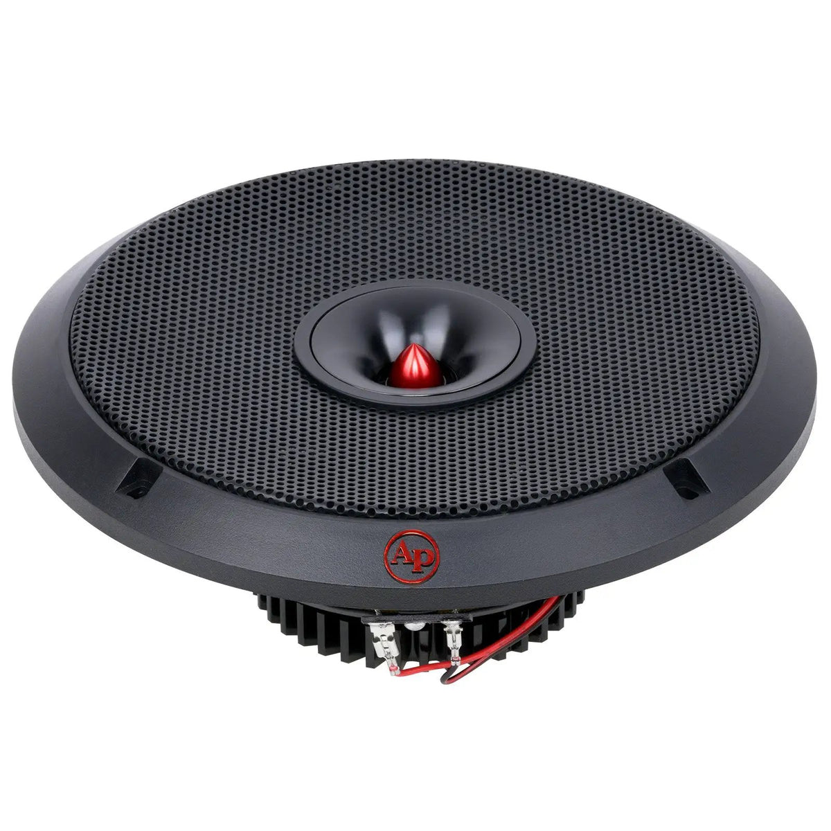 Black coaxial speaker with a mesh grille and red-tipped center horn