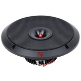 Black coaxial speaker with a mesh grille and red-tipped center horn