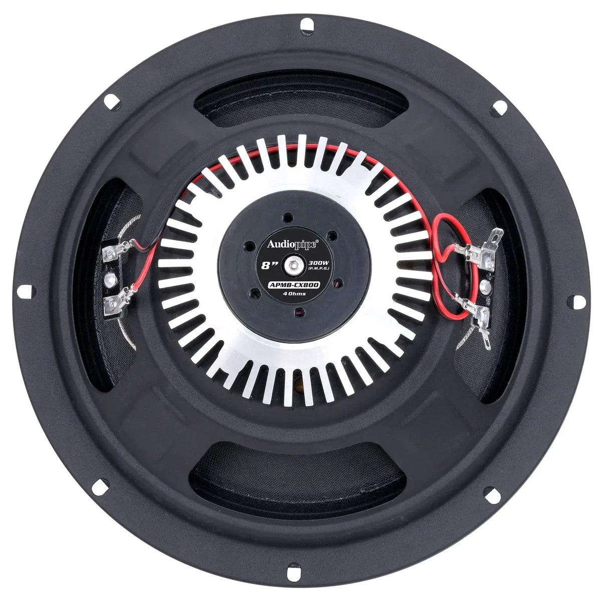 Audiopipe loudspeaker rear view showing its black basket, silver finned magnet assembly and red wiring