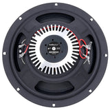 Audiopipe loudspeaker rear view showing its black basket, silver finned magnet assembly and red wiring