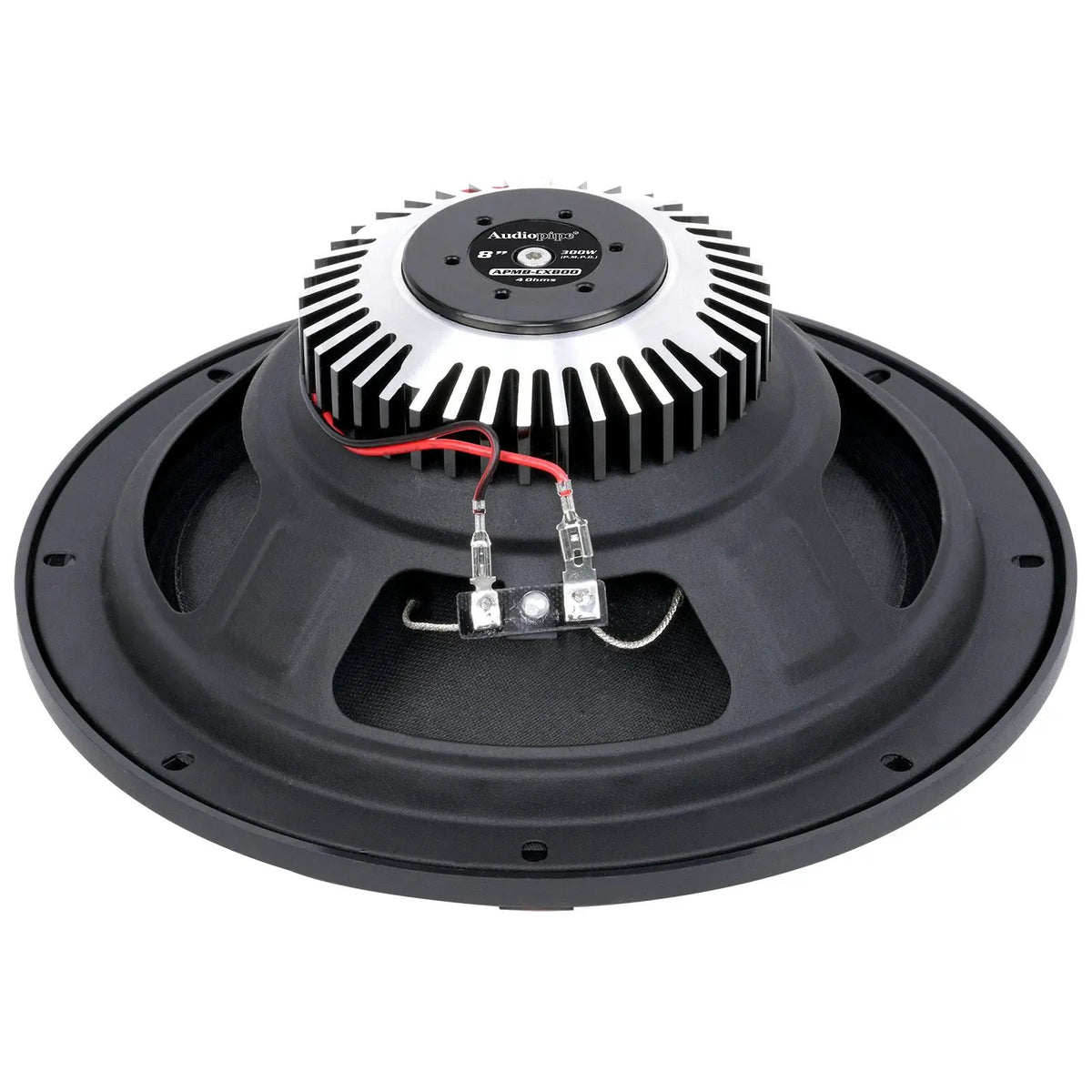 Rear of a round Audiopipe speaker with a silver finned housing, red wire and paired blade terminals