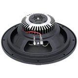 Rear of a round Audiopipe speaker with a silver finned housing, red wire and paired blade terminals