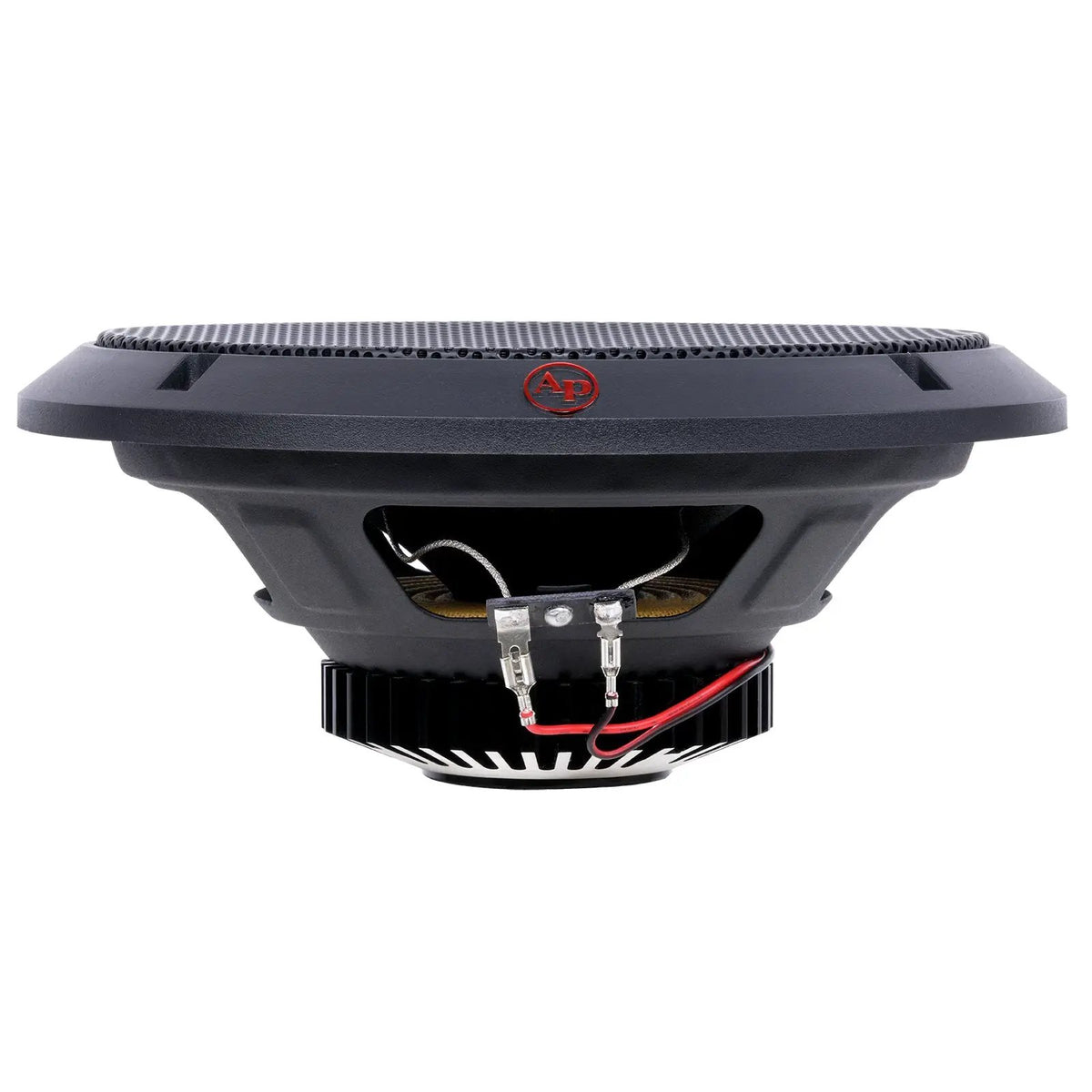 Side view of a round speaker with its black grille fitted, exposed terminals and finned rear housing
