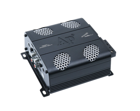 Audiopipe APMOX-165.4 amplifier with four silver mesh vents, RCA inputs and adjustment controls