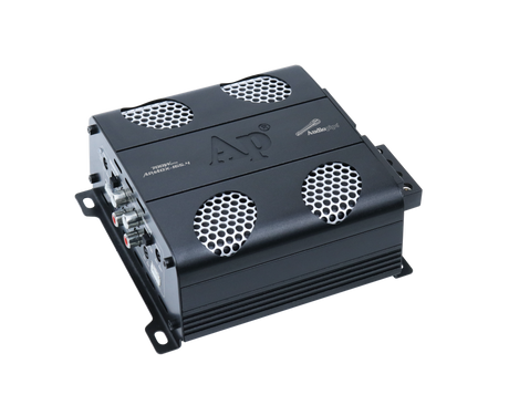 Audiopipe APMOX-165.4 amplifier with four silver mesh vents, RCA inputs and adjustment controls