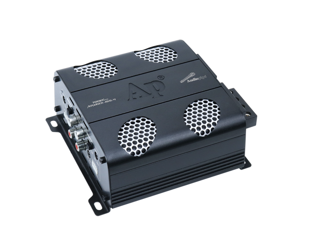 Audiopipe APMOX-165.4 amplifier with four silver mesh vents, RCA inputs and adjustment controls