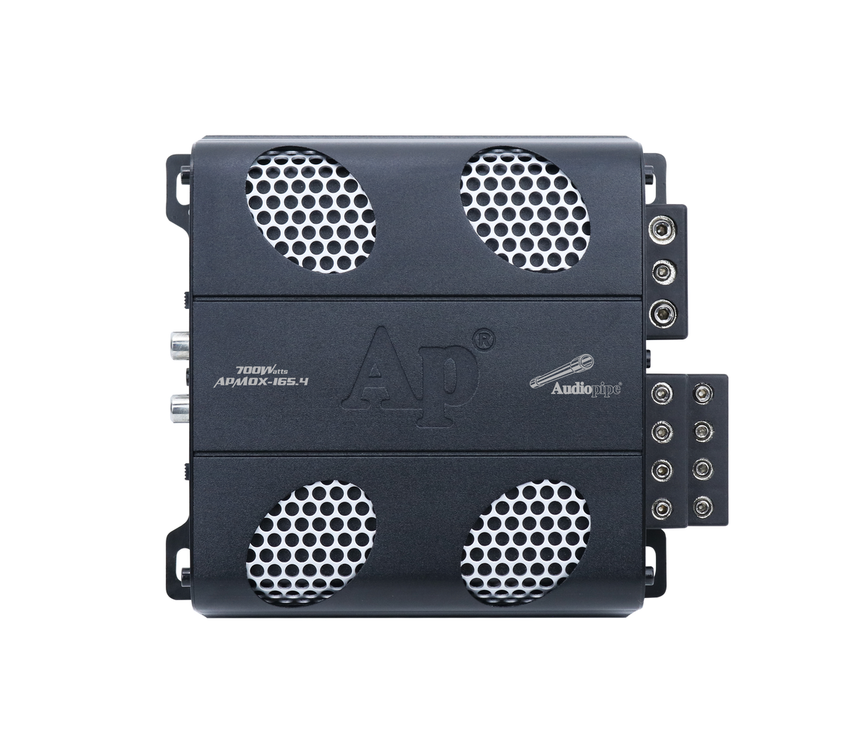 Top view of Audiopipe APMOX-165.4 amplifier with silver mesh vents and connection terminals