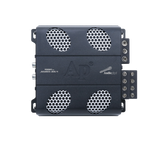 Top view of Audiopipe APMOX-165.4 amplifier with silver mesh vents and connection terminals