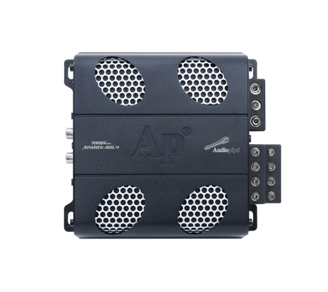 Top view of Audiopipe APMOX-165.4 amplifier with silver mesh vents and connection terminals
