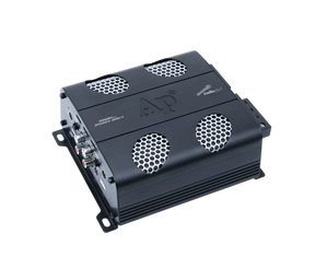 Audiopipe APMOX-280.4 amplifier viewed from its RCA input and control end