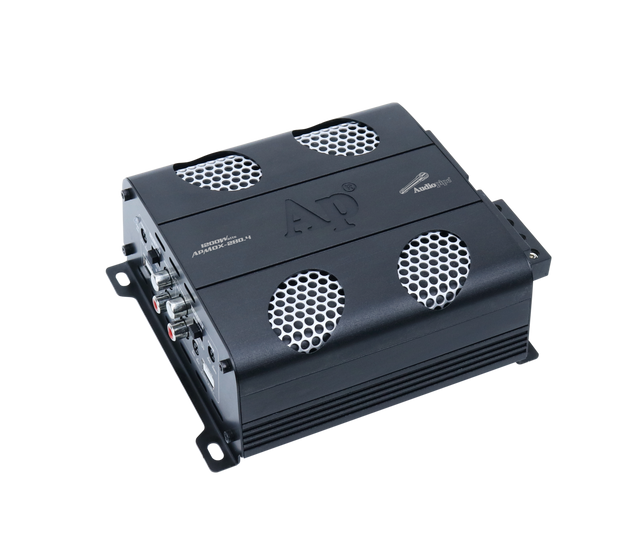 Audiopipe APMOX-280.4 amplifier viewed from its RCA input and control end